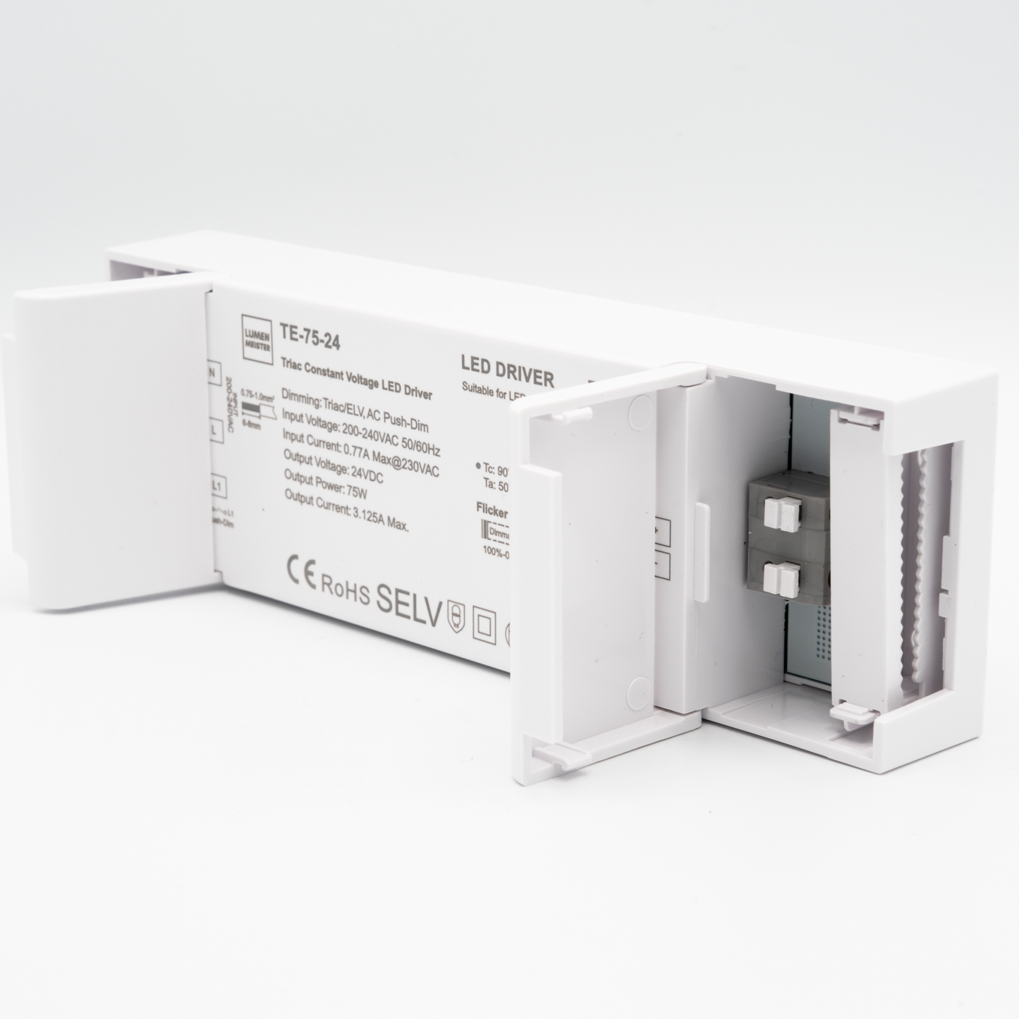 TE-75-24 – Dimmbarer LED-Treiber (75W, 24V, Triac/ELV & Push-Dim)