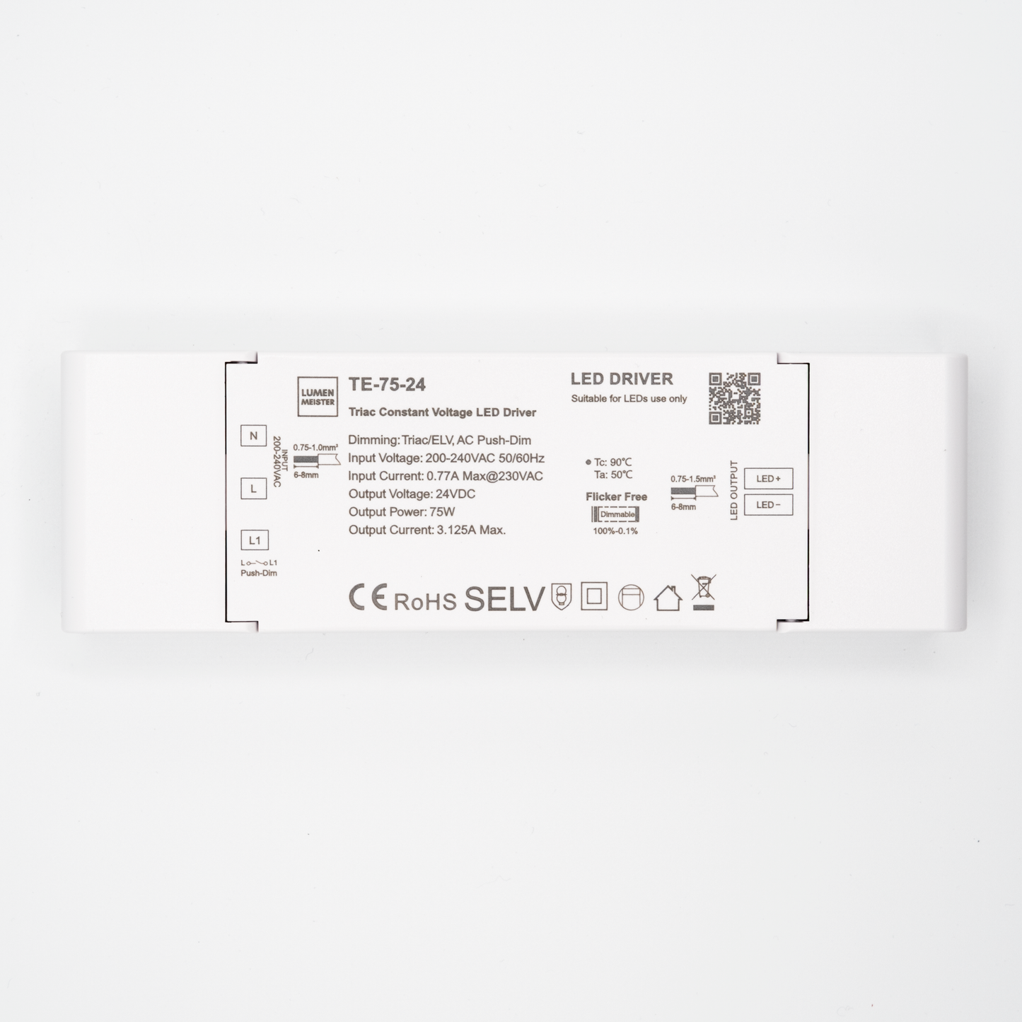 TE-75-24 – Dimmbarer LED-Treiber (75W, 24V, Triac/ELV & Push-Dim)