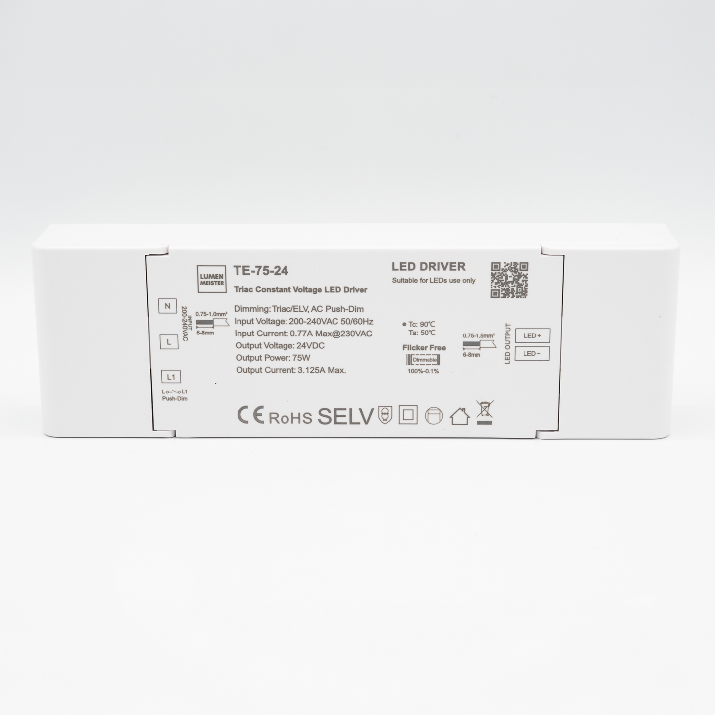 TE-75-24 – Dimmbarer LED-Treiber (75W, 24V, Triac/ELV & Push-Dim)