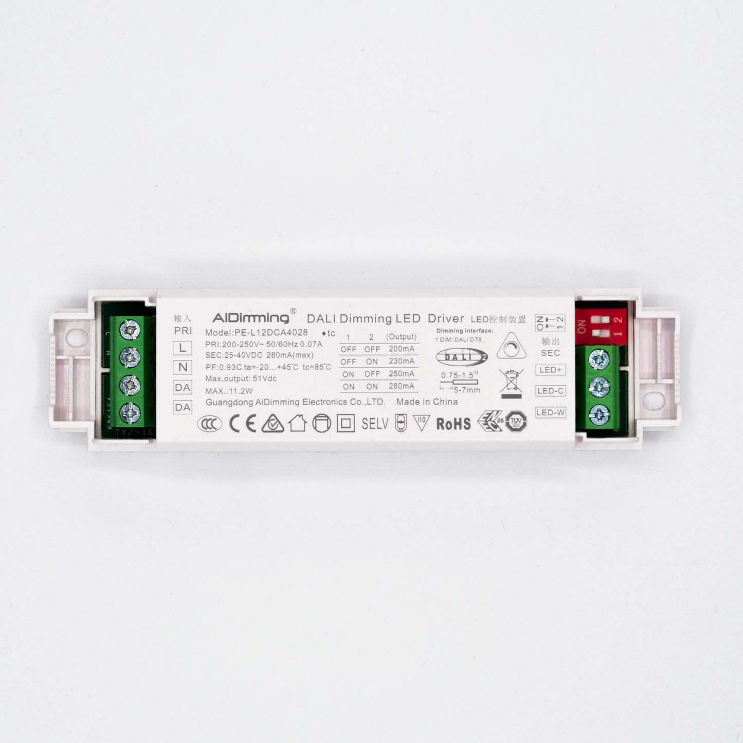PE-L12DCA – 12W DALI2 DT8 LED-Treiber (Konstantstrom, CCT & HCL, flickerfrei) - für tunable white Spots
