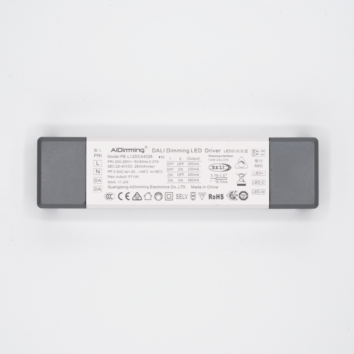 PE-L12DCA – 12W DALI2 DT8 LED-Treiber (Konstantstrom, CCT & HCL, flickerfrei) - für tunable white Spots